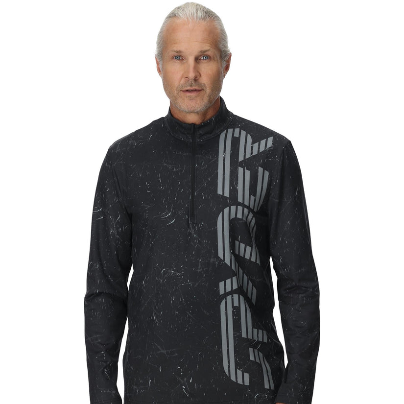 Man wearing a black long-sleeve athletic shirt with a brand logo on a white background