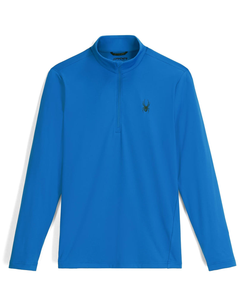 Blue long-sleeve shirt with a brand logo on a white background