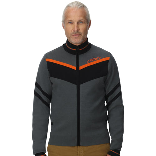 Man wearing a gray jacket with orange and black accents on a white background