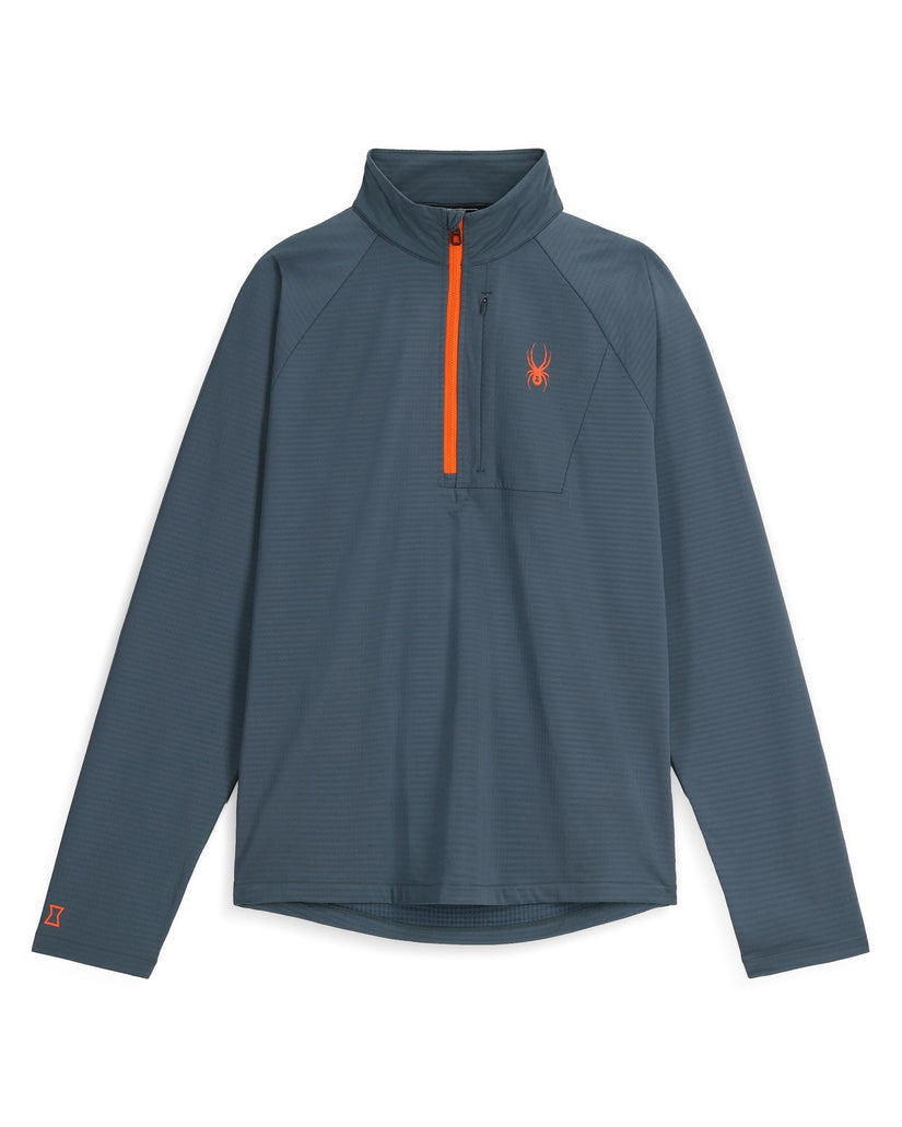 Blue pullover with orange zipper and logo on a white background