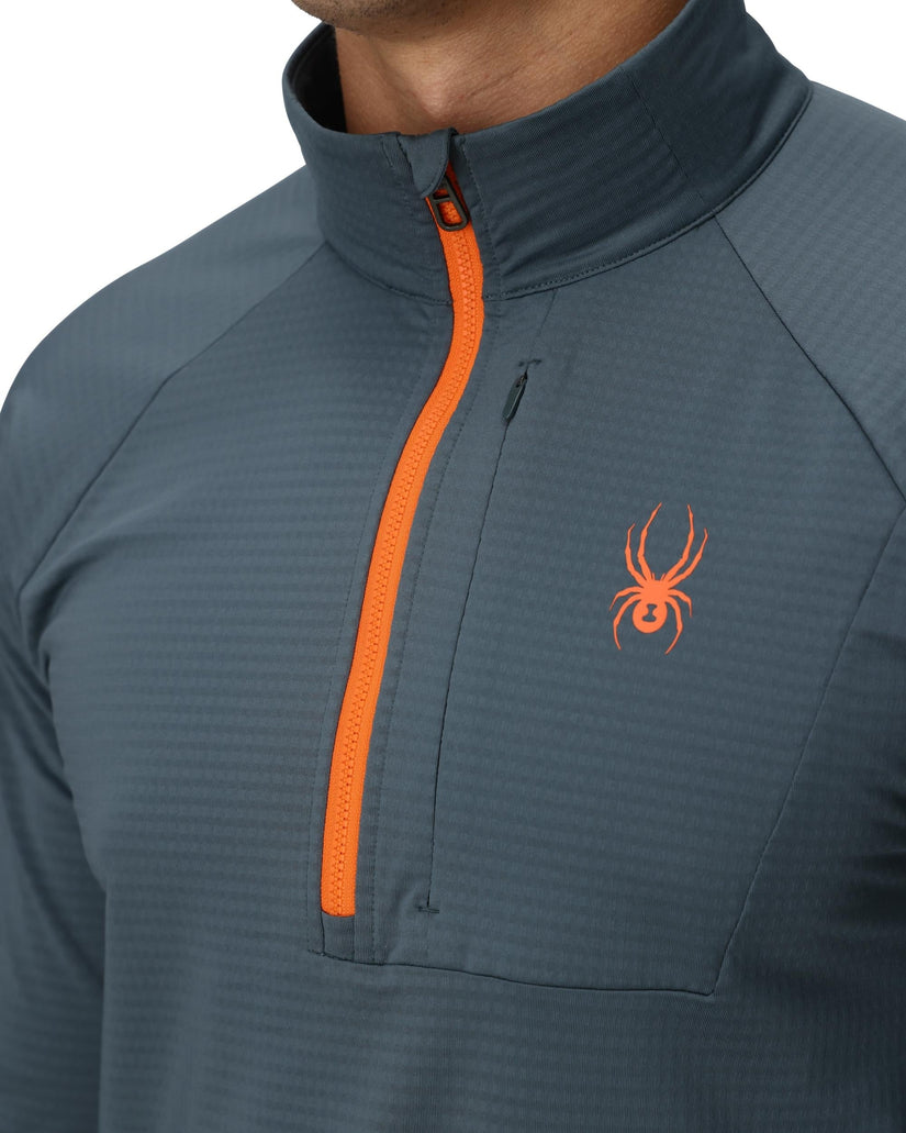 Gray pullover with orange zipper and logo on a white background