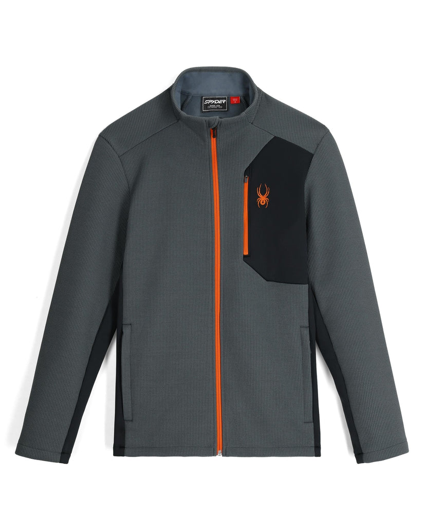 Gray jacket with orange zipper and black pocket on a white background