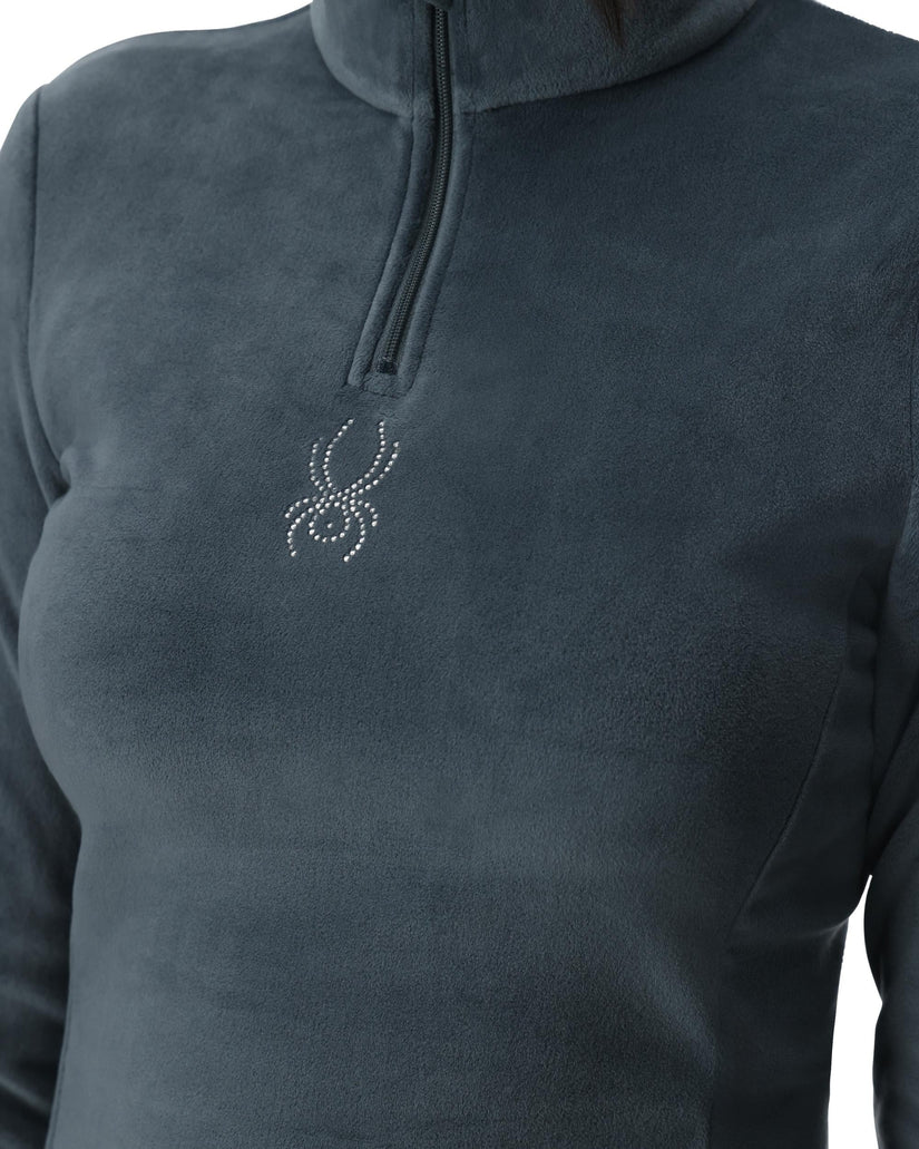Dark gray fleece pullover with a logo on the chest