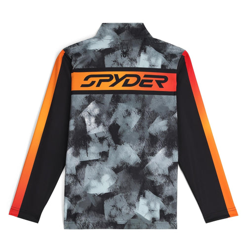 Sweatshirt with camouflage pattern and orange accents on a white background