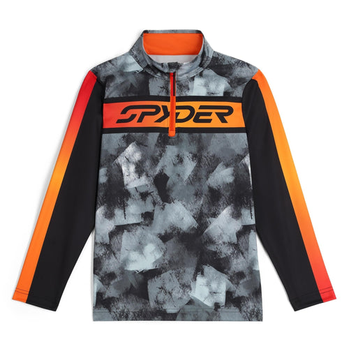 Sweatshirt with camouflage pattern and orange accents on a white background