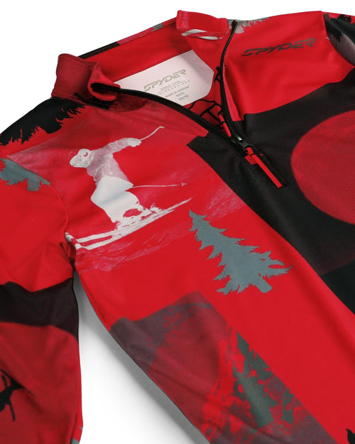Red long-sleeve shirt with black and gray graphic designs on a white background