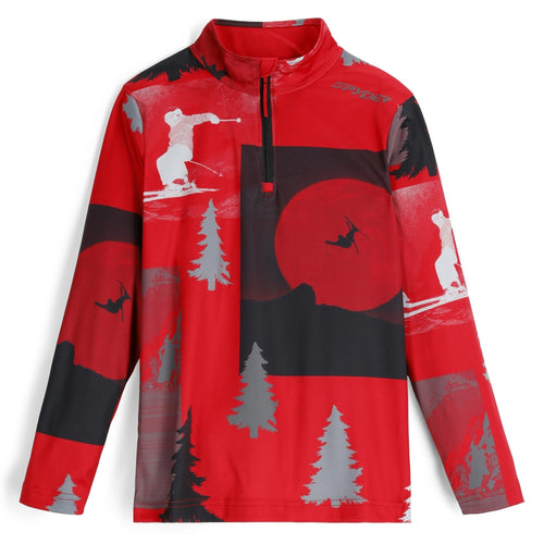 Red long-sleeve shirt with black and gray graphic designs on a white background