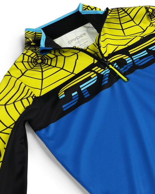 Yellow and blue hoodie with spider web pattern on a white background