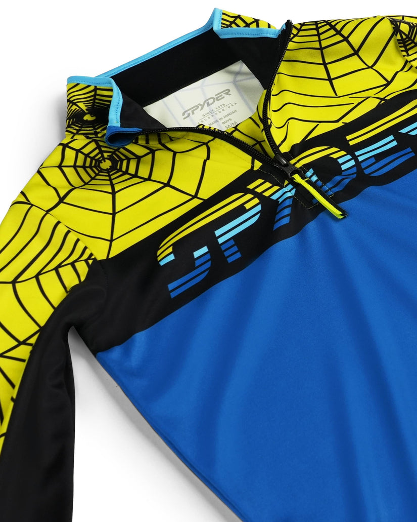 Blue and yellow sports outfit with spider web pattern on a white background