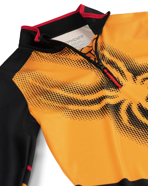 Yellow and black long-sleeve shirt with a spider graphic on a white background