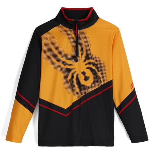 Yellow and black long-sleeve shirt with a spider graphic on a white background