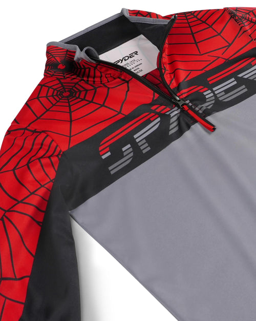 Spider-themed pullover with red, gray, and black design on a white background