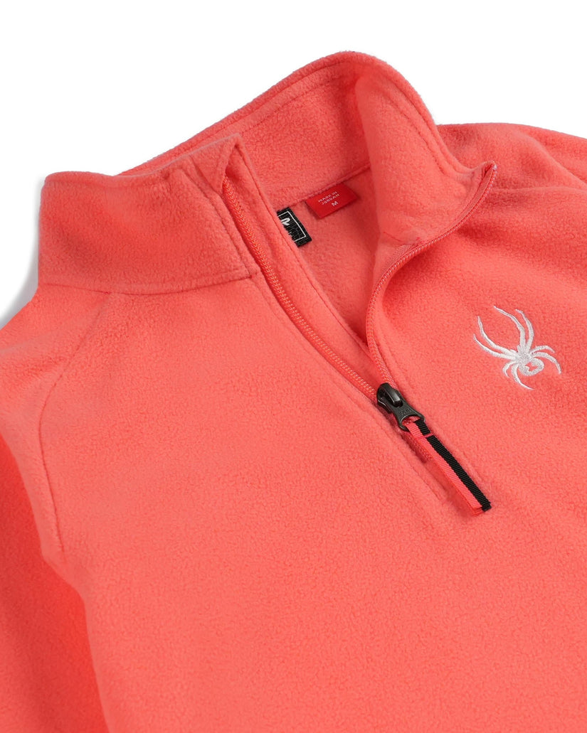 Coral fleece pullover with a brand logo on a white background