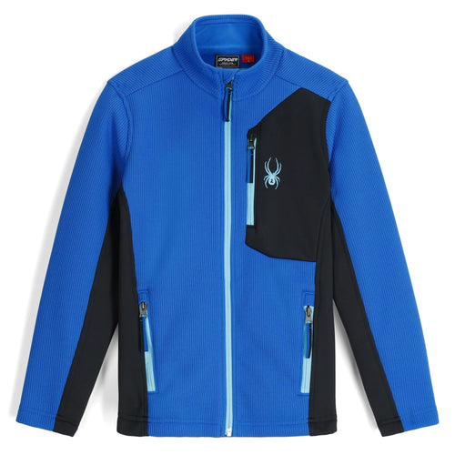Blue and black jacket with a spider logo on a white background