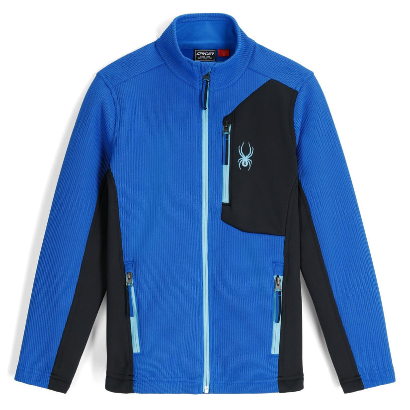 Blue and black jacket with a spider logo on a white background