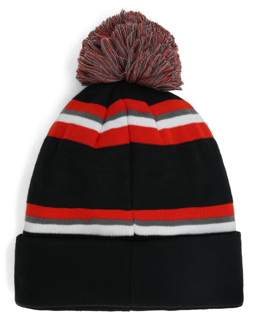 Black beanie with red, gray, and white stripes and a pom-pom on a white background