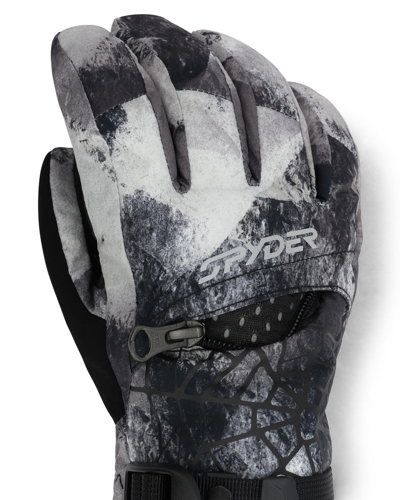 Black and gray camouflage glove with 'Spyder' branding on a white background