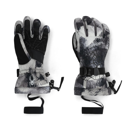 Pair of black and gray gloves with a camouflage pattern on a white background