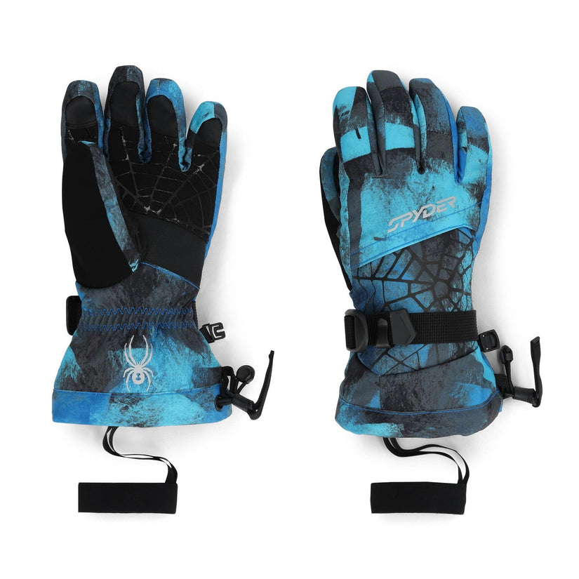 Pair of blue and black gloves with a brand logo on a white background