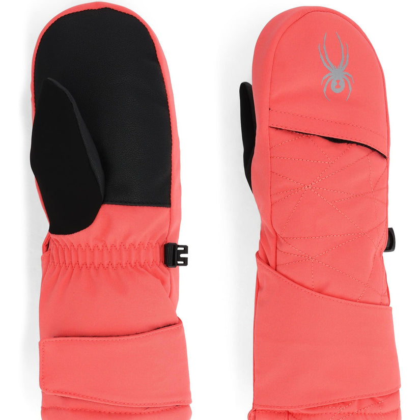 Pair of coral mittens with black interior on a white background