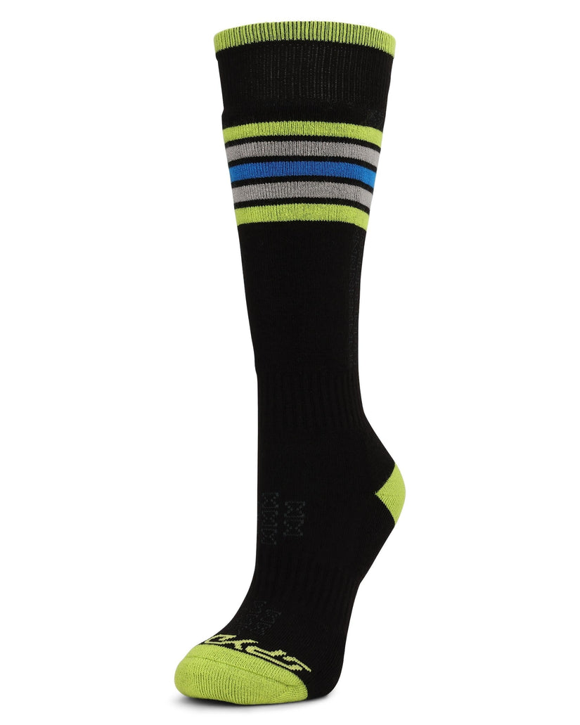 Black sock with green and gray stripes on a white background