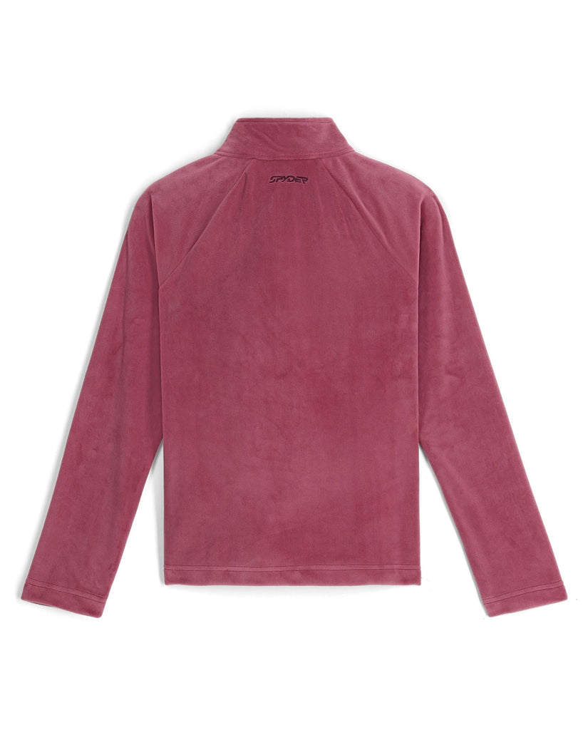 Pink fleece pullover with a brand logo on the back against a white background