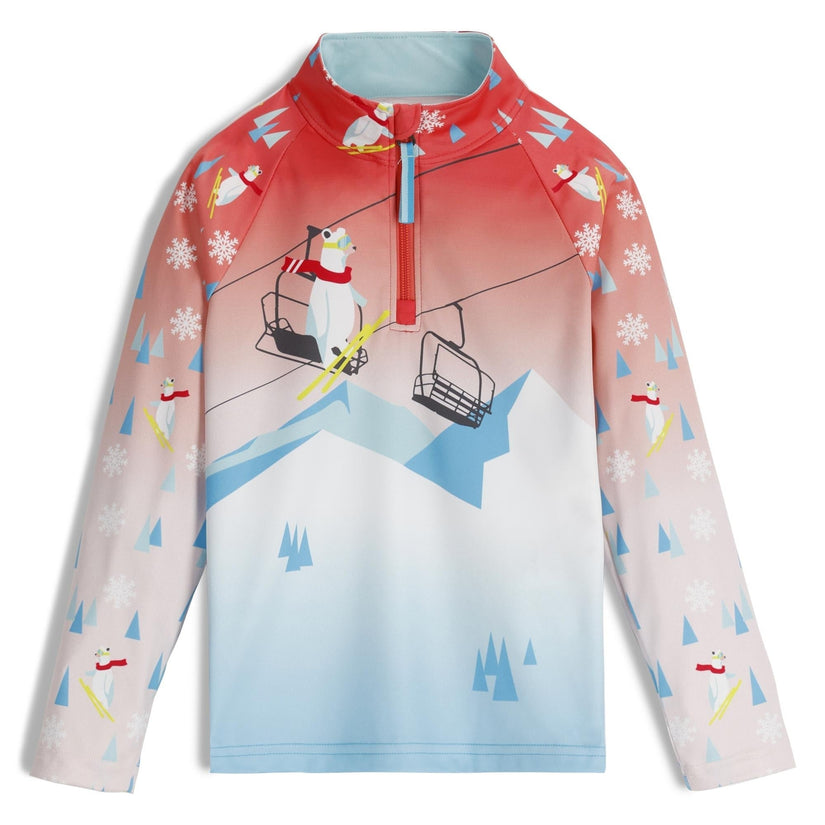 Children's hoodie with ski lift and snowman design on a white background