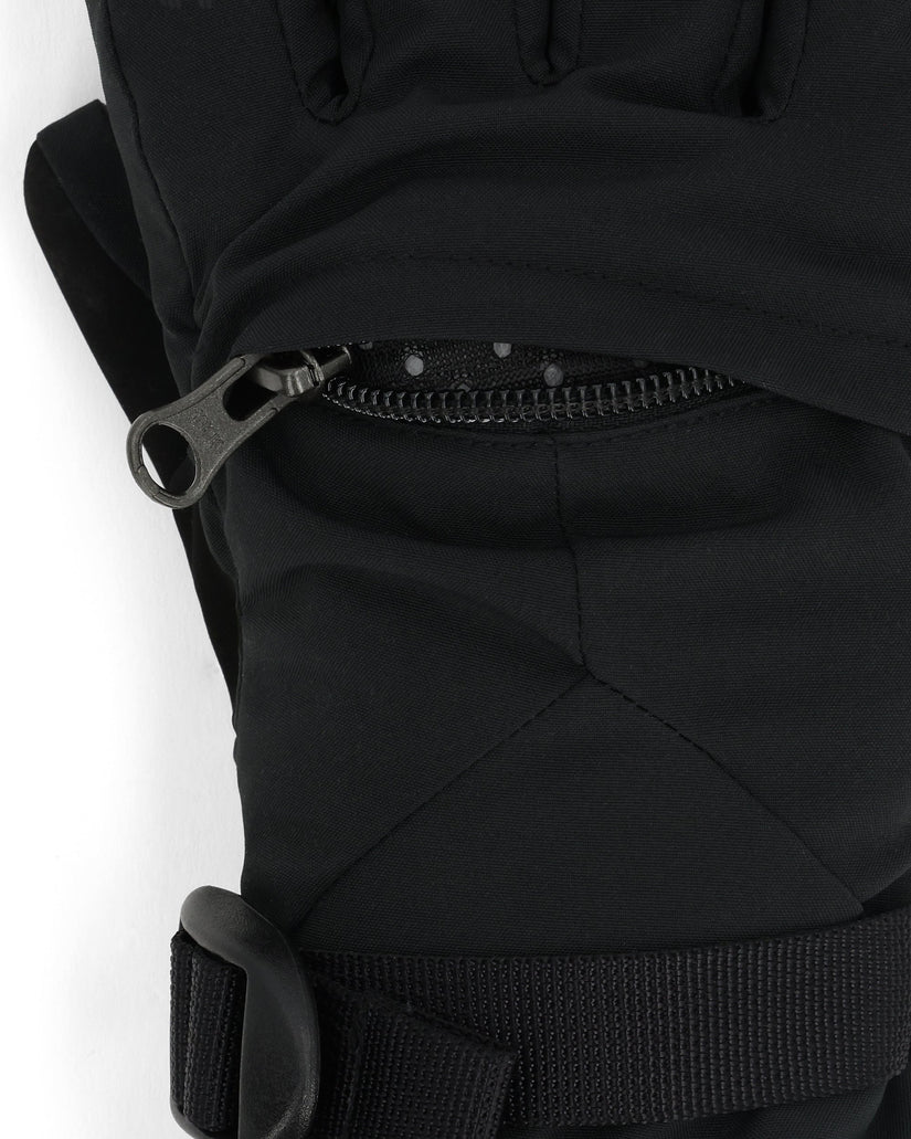 Close-up of a black glove with a zipper on a white background