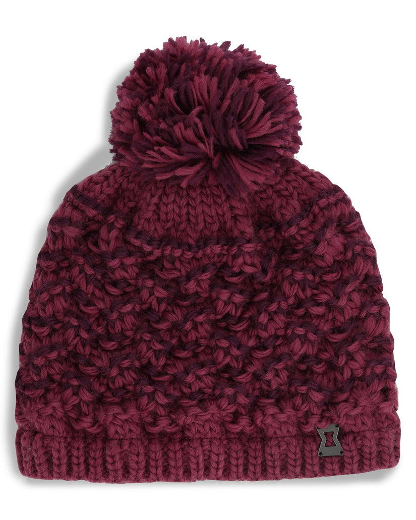 Maroon knit beanie with pom-pom on a white background