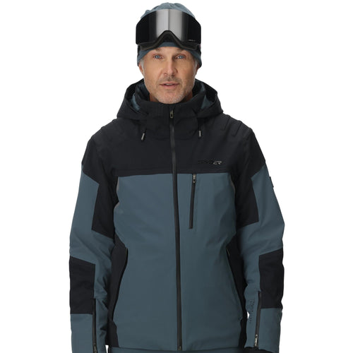 Man wearing a black and gray ski jacket with goggles on a white background