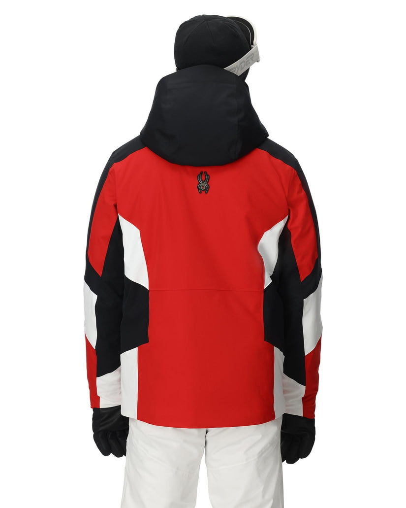 Red, black, and white jacket with a hood on a white background