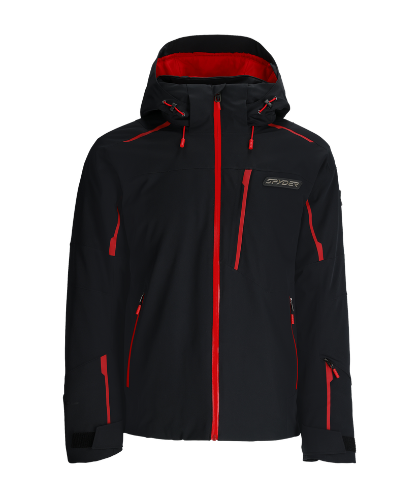 Black jacket with red accents on a white background