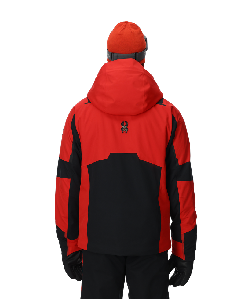 Red and black jacket with a hood on a white background