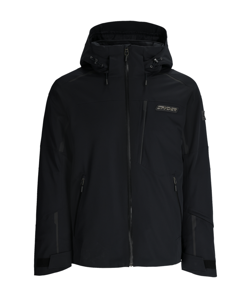 Black jacket with a brand logo on a white background