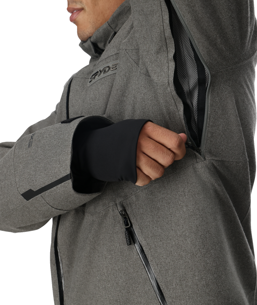 Gray jacket with black accents and a brand logo on a white background