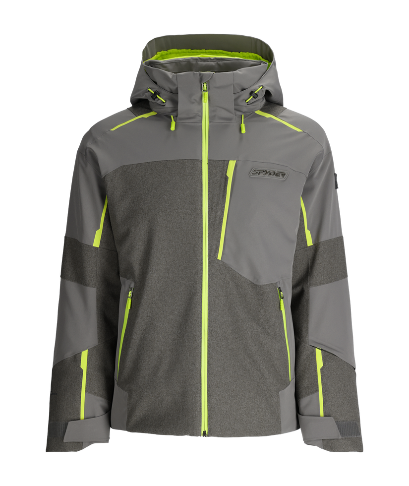 Gray and black jacket with green accents on a white background