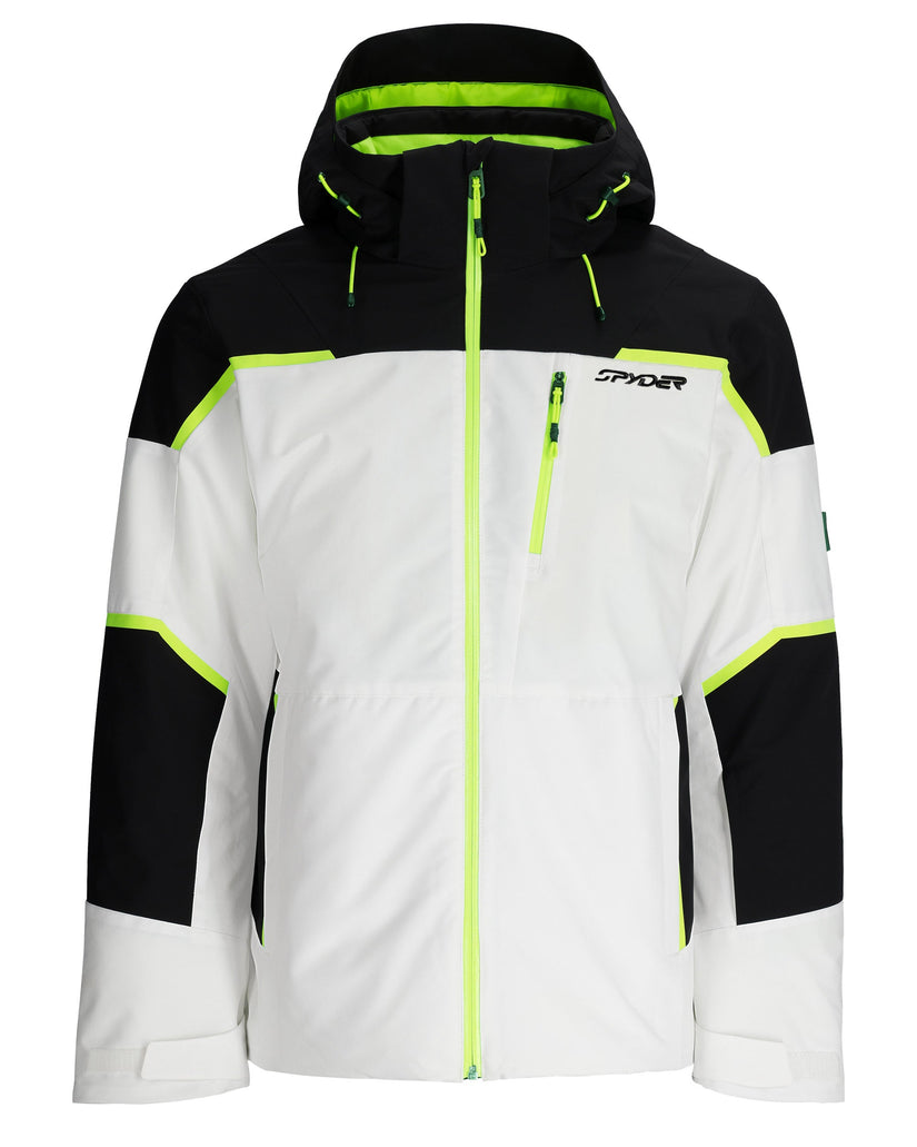 Black, white, and green ski jacket with Spyder branding on a white background