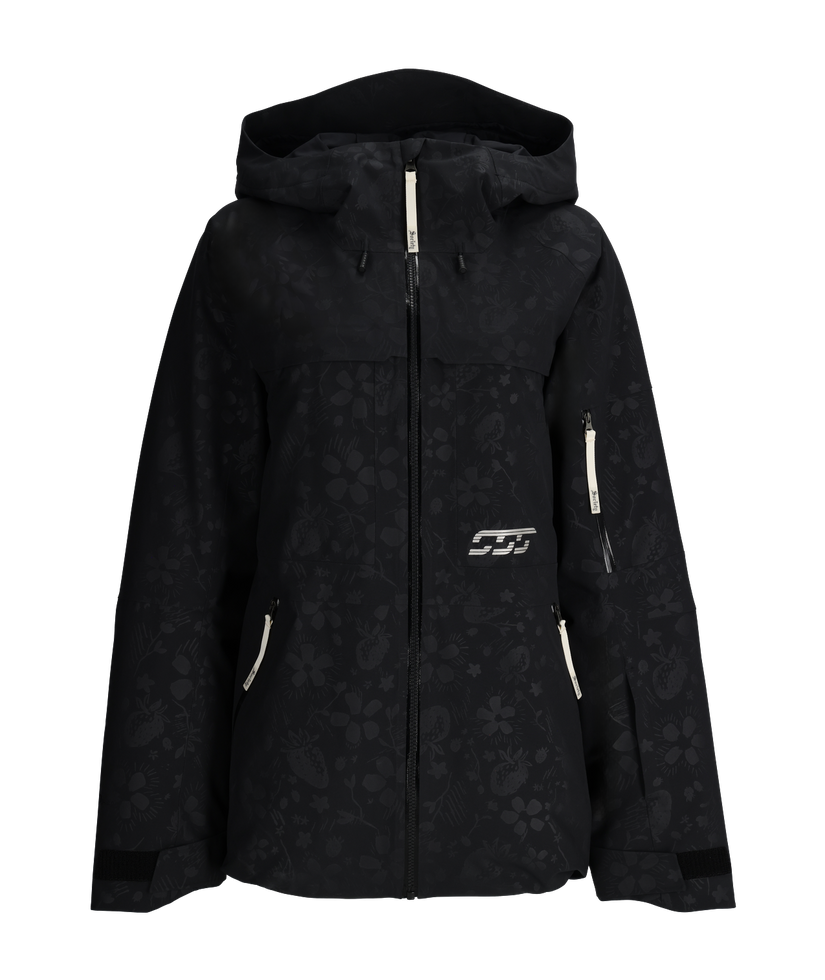 Black jacket with a pattern and brand logo on a white background