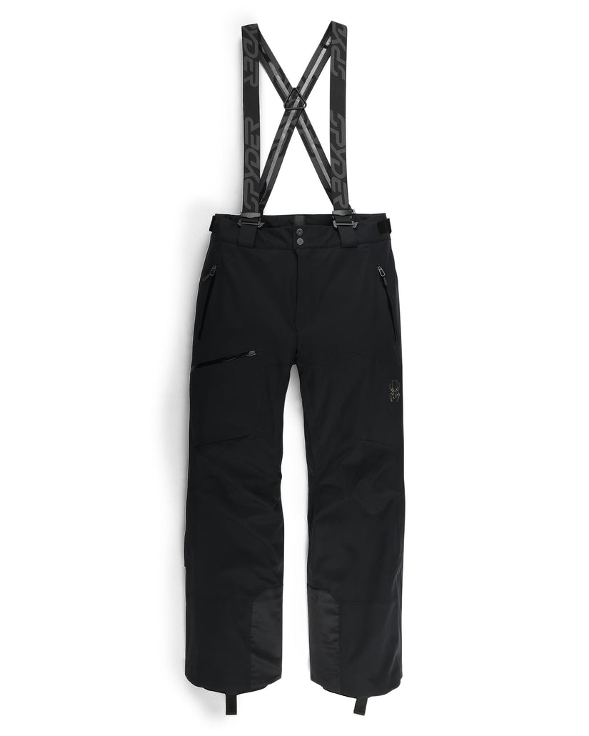 Black snow pants with suspenders on a white background