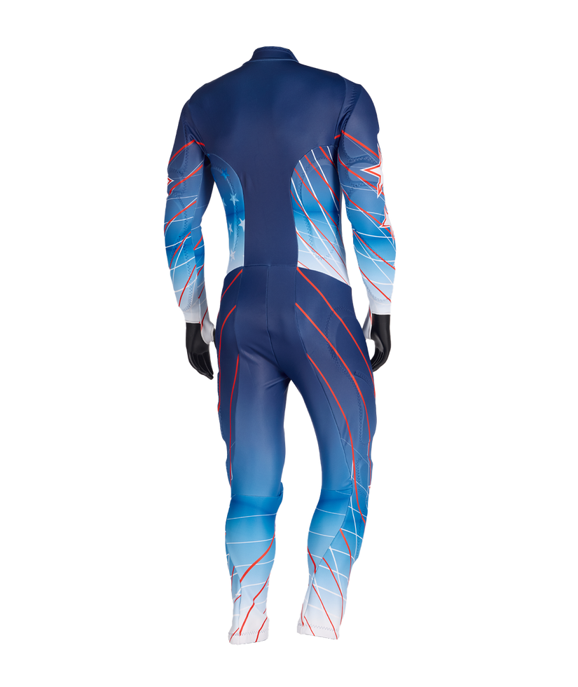 Blue and red wetsuit with geometric pattern on a white background