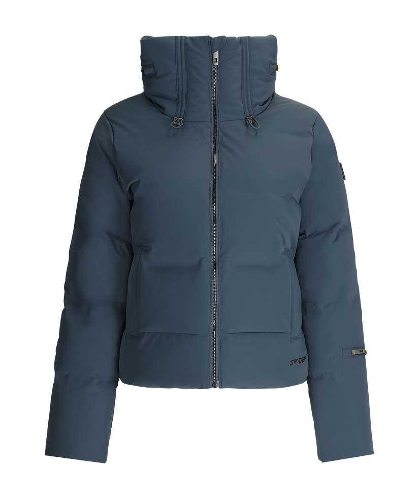 Blue puffer jacket with a hood on a white background