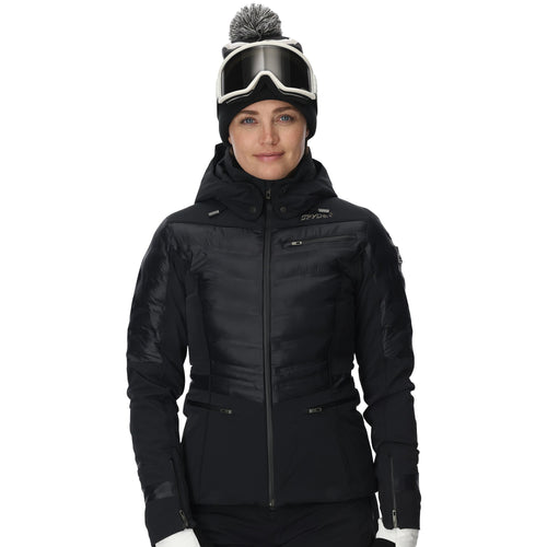 Person wearing a black ski jacket, goggles, and gloves on a white background