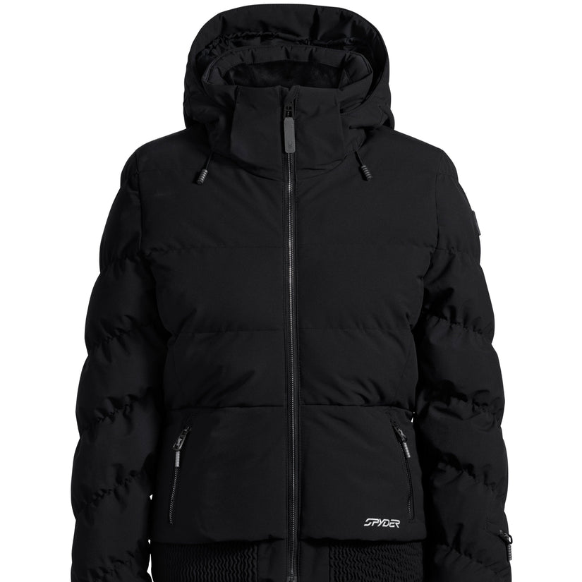 Black puffer jacket with a brand logo on a white background