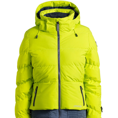 Yellow puffer jacket with a hood on a white background