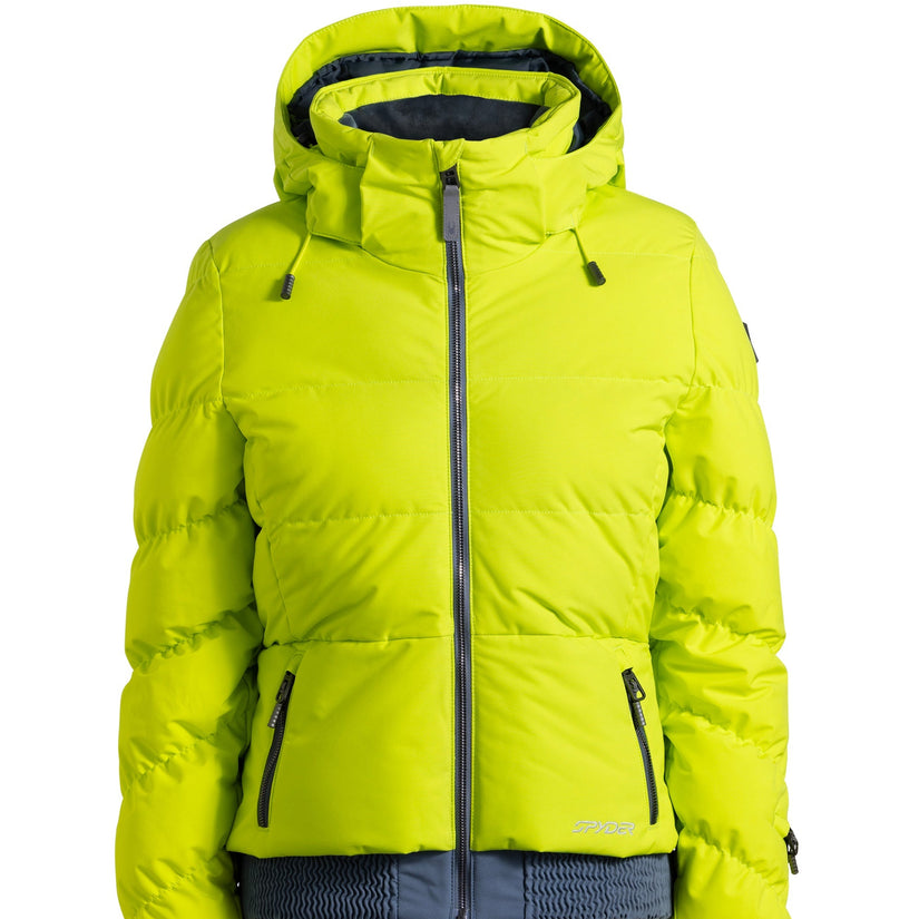 Yellow puffer jacket with a hood on a white background