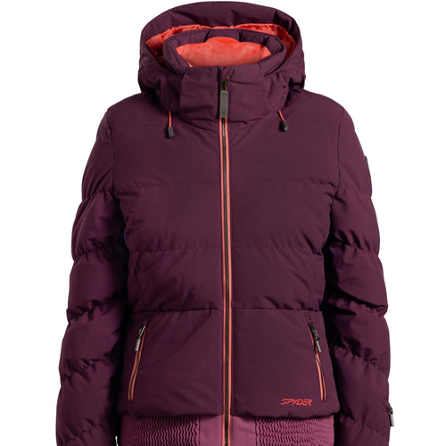 Purple puffer jacket with a hood on a white background