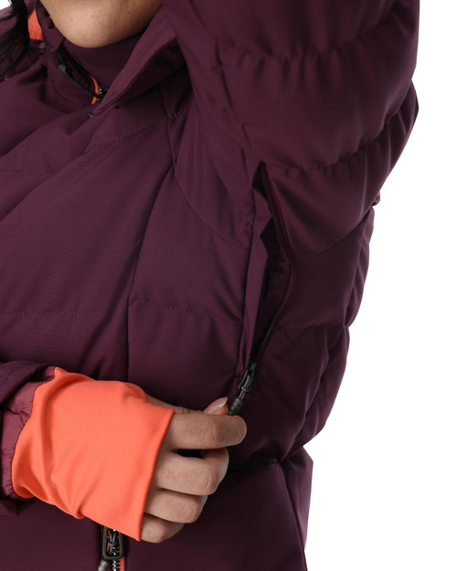 Purple puffer jacket with a hood on a white background