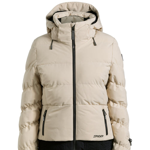 Beige winter jacket with black accents on a white background