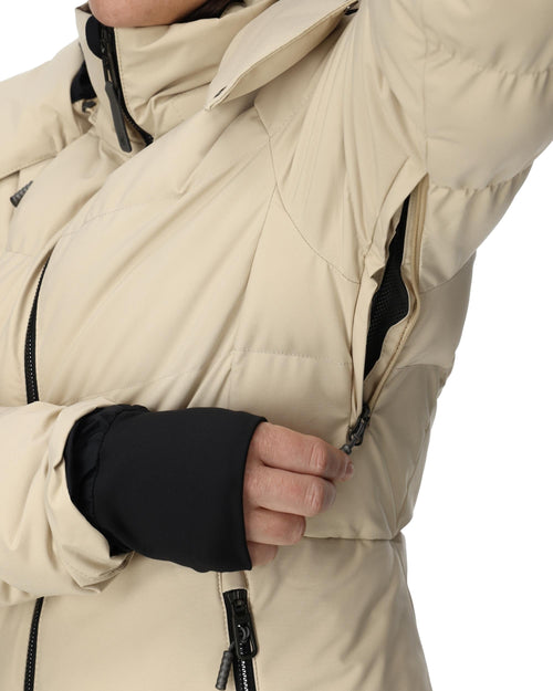 Beige winter jacket with black accents on a white background