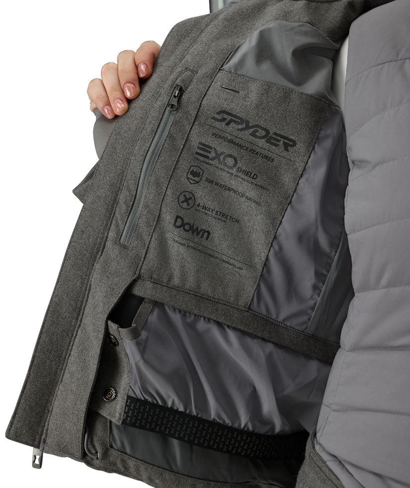 Gray jacket with Spyder branding on a white background